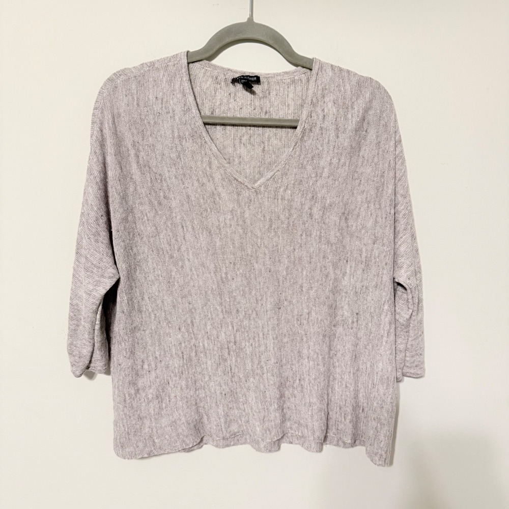 Eileen Fisher Womens S Heathered Oatmeal 100% Linen V-Neck Boxy Sweater S16FCL